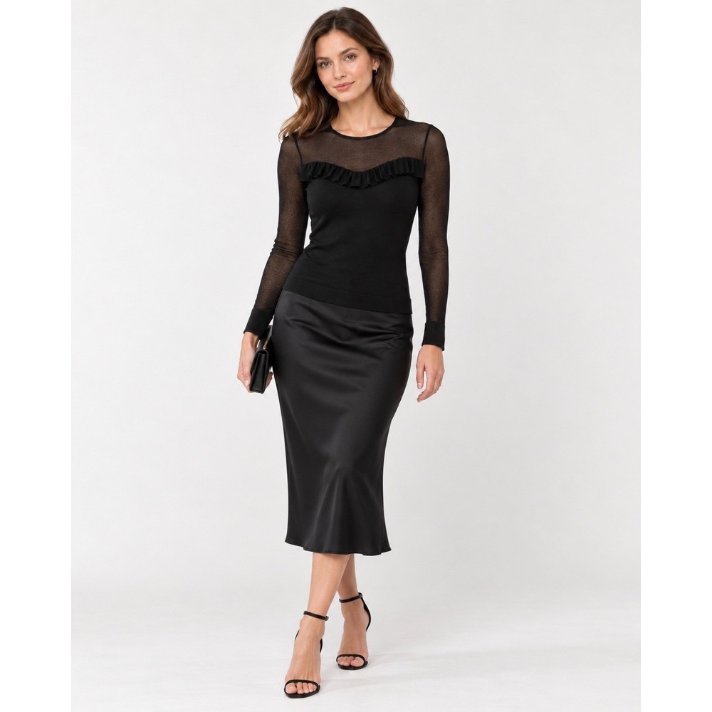 ESCADA Black Illusion Ruffle Trim Top Sheer Long Sleeve S Designer NWT $650